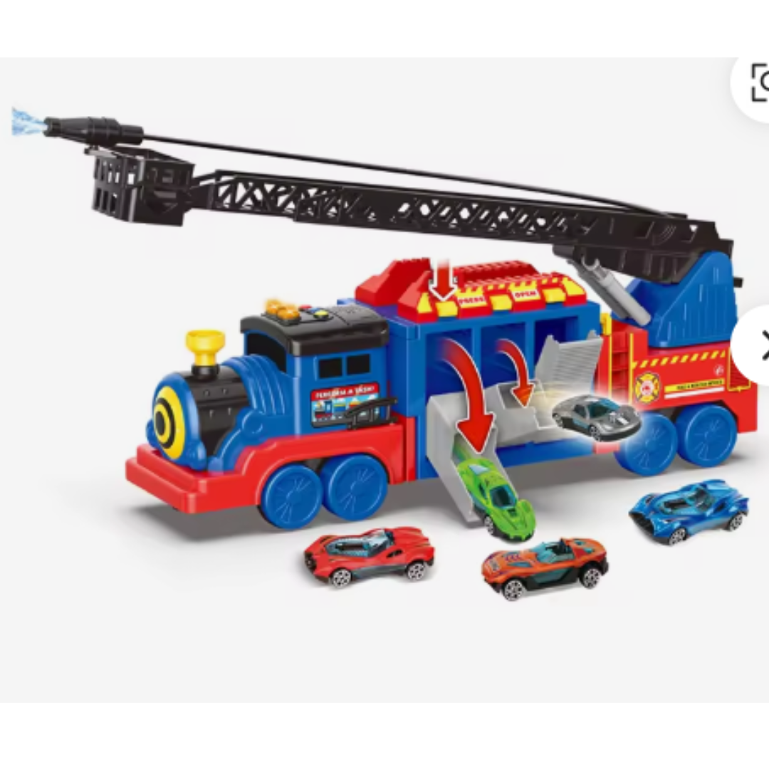 2-in-1 Rescue Train Transporter Truck Toy Set with 3 Alloy Cars - Fire Engine Launcher Track Playset with Light, Sound & Water Spray for Kids