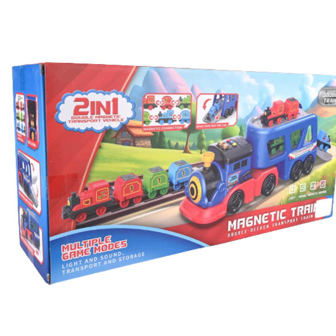 2-in-1 Magnetic Train Double-Decker Transport Vehicle Set - Multi-Functional Toy Train Carrier with Lights, Sound & Magnetic Connection for Kids