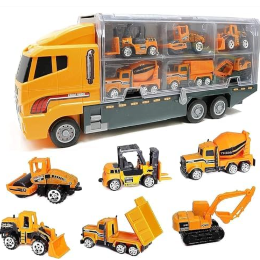 6-in-1 Mega Construction Transporter Truck Carrier Playset - Big Engineering Vehicle Toy with 6 Mini Die-Cast Construction Cars & Storage for Kids