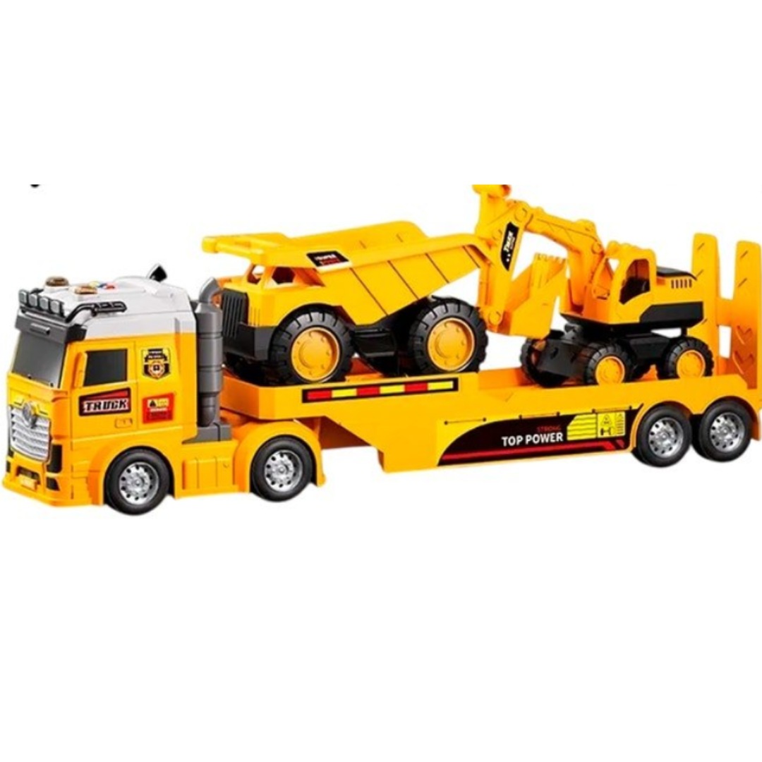 Engineering Flatbed Transporter Truck Toy Set - Big Trailer with Dumper Truck & Excavator Crane, Light, Sound & Inertia Drive for Kids (Ages 3+)