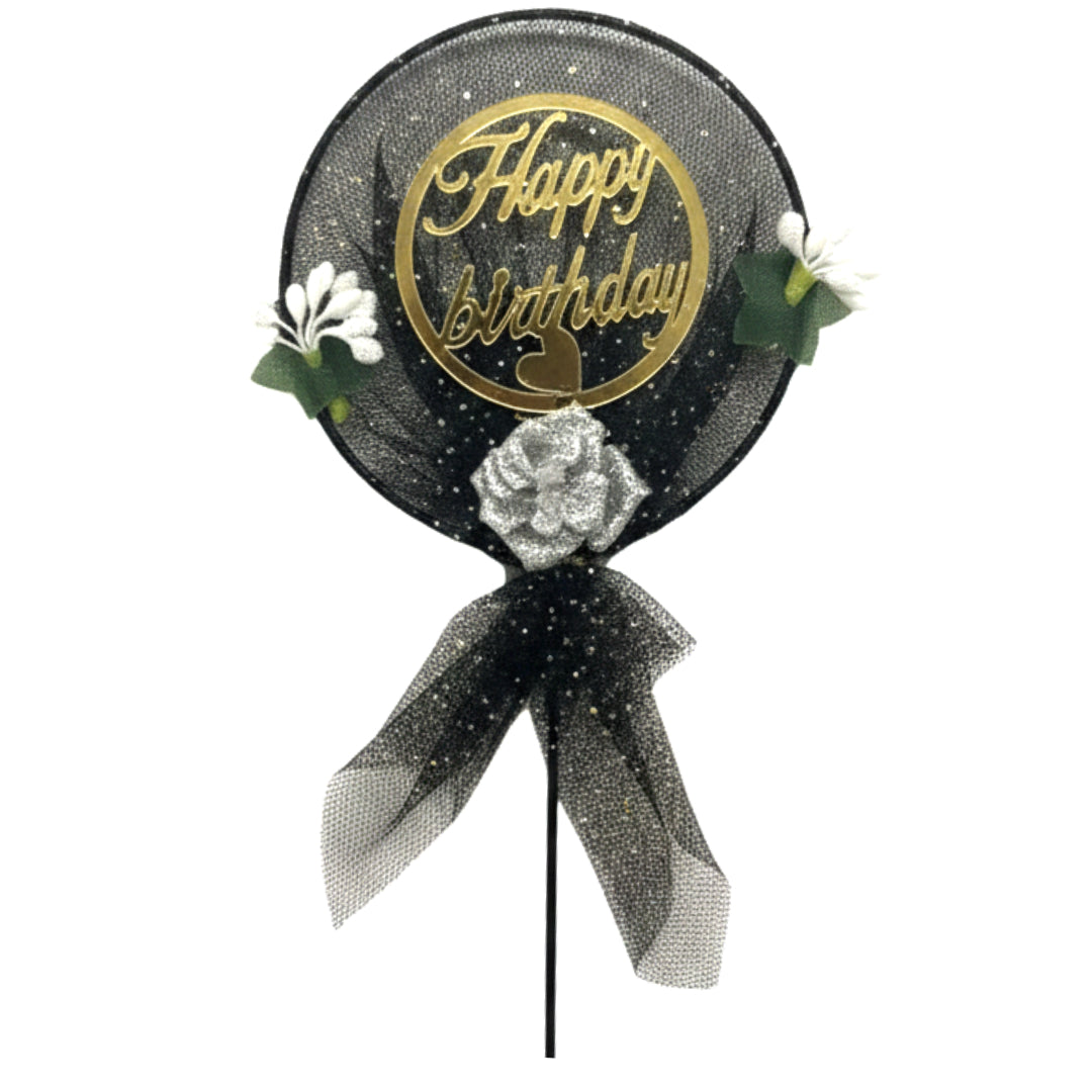 Luxury Tulle "Happy Birthday" Cake Topper – Elegant Gold Acrylic Mirror & Glitter Floral Design – Glamorous Mesh Party Decor for Birthdays, Weddings, & Anniversaries
