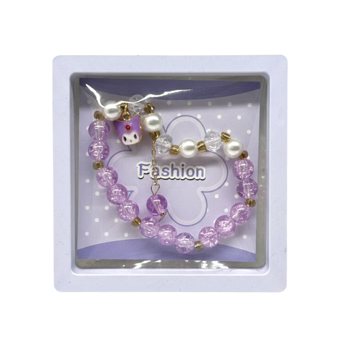 Kuromi-Inspired Purple Beaded Charm Bracelet | Kawaii Crystal & Pearl Aesthetic Jewelry for Girls and Teens | Sanrio-Style Fashion Accessory with Enamel Character Charm