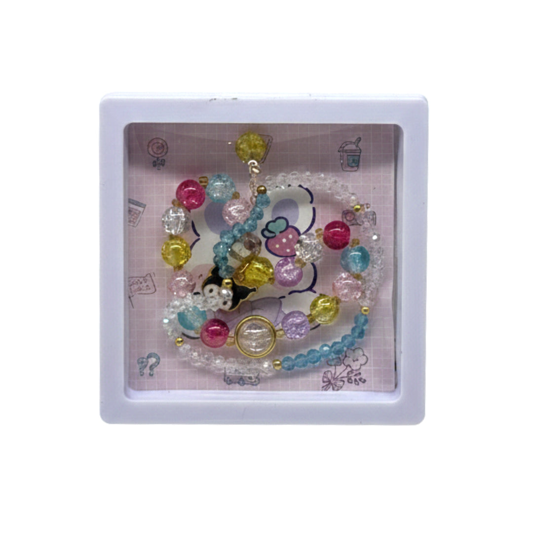Kawaii Character Crystal Bead Bracelet Set – Handmade Stretch Jewelry with Sanrio-Inspired Charms, Colorful Crackle Quartz & Gold Accents – Perfect Gift for Girls & Anime Fans