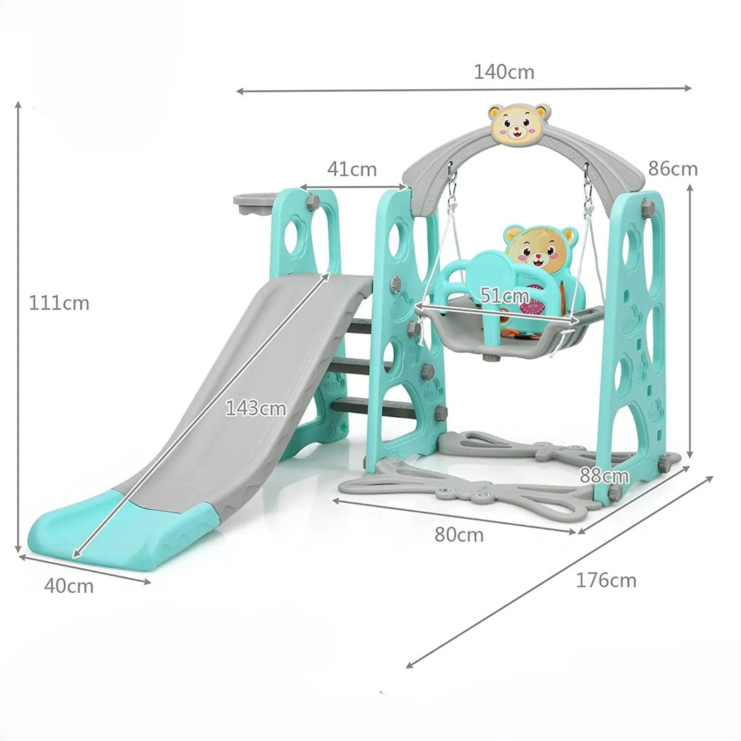 3-in-1 Toddler Play Center: Slides, Swing & Basketball Hoop - Bear Edition (Mint/Grey)