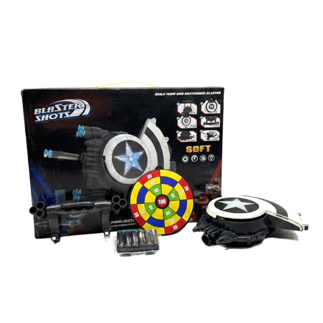 Blaster Shots 2-in-1 Shield Launcher Toy Set with Suction Dart Target – Interactive Superhero Cosplay Foam Dart Blaster for Kids – Includes 5 Soft Darts & Scoring Board