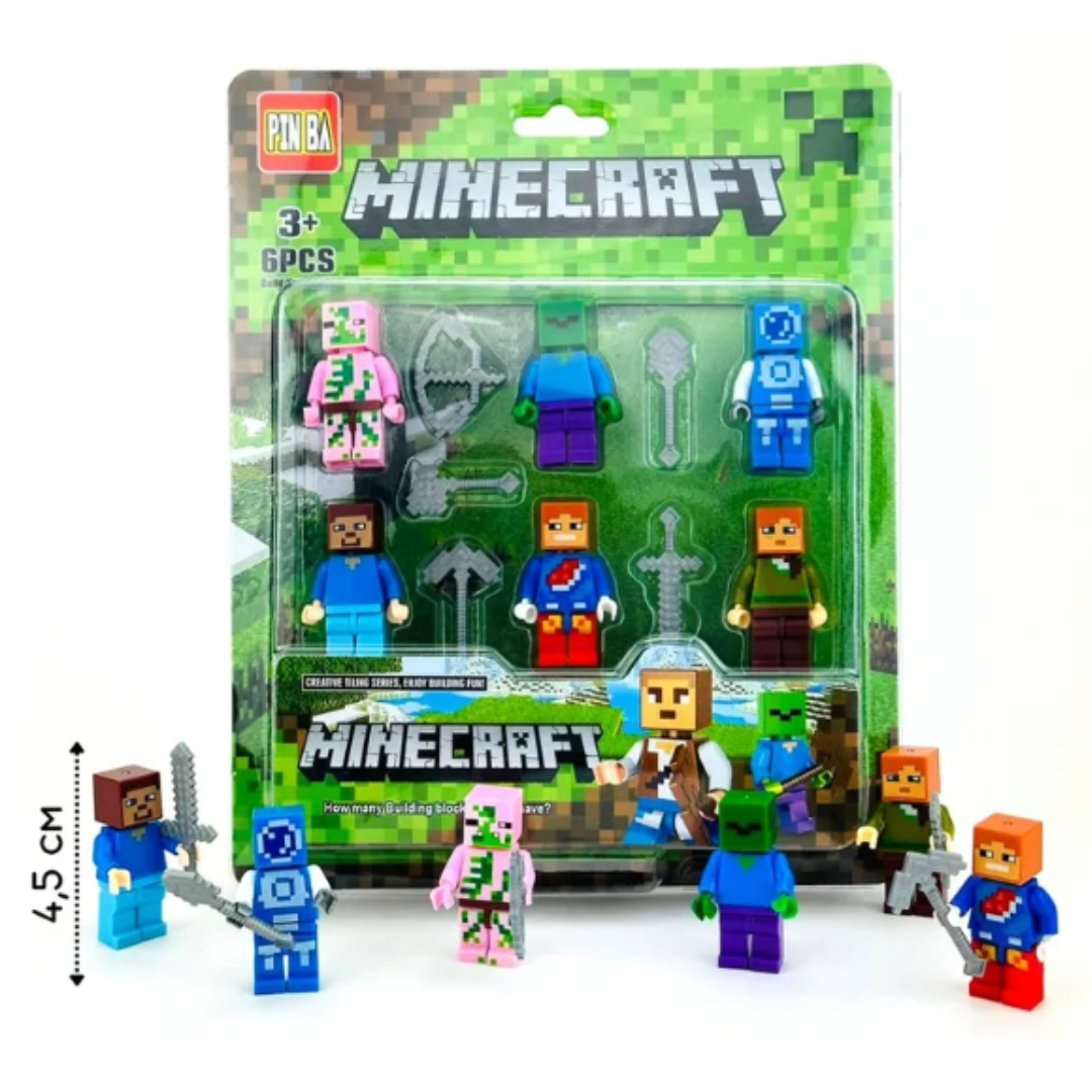 Minecraft Style Building Blocks Mini-Figures Set – 6 Action Figures with Battle Weapons for Kids Ages 3+
