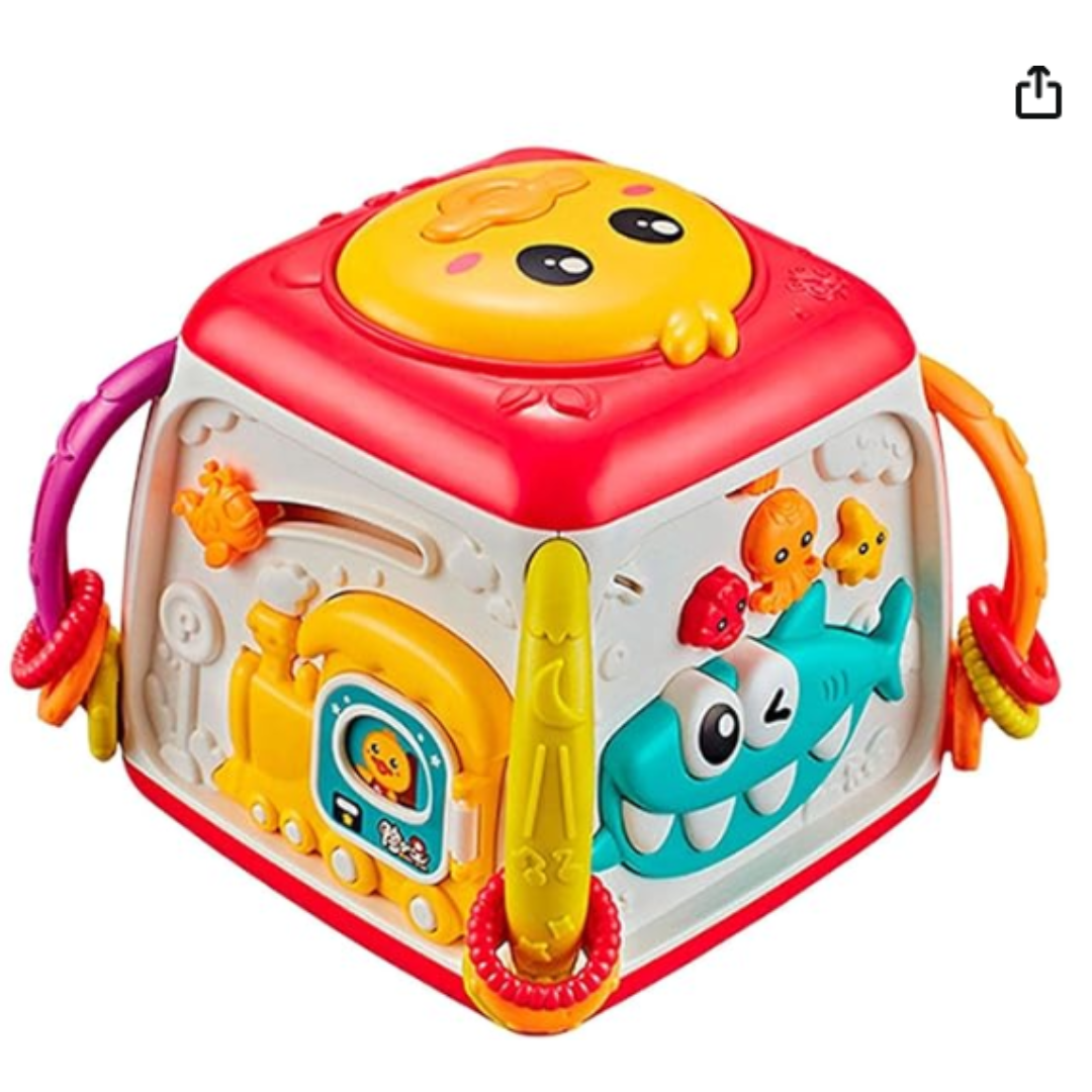Thinsony Children Hand Drum Toy Cute Shape Hexahedron Hand Drum Musical Toy Attractive Hexahedron Hand Drum with Piano Music Runner Animal Voice for Child Early Education
