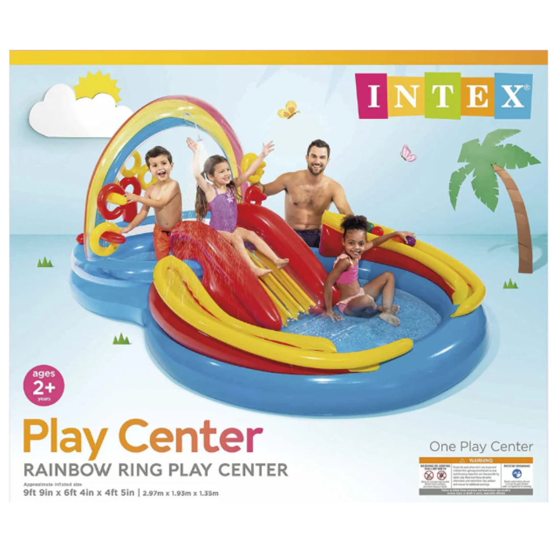 Intex Rainbow Ring Inflatable Play Center –Kids Water Park Splash Pool with Slide, Ring Toss Game, and Water Sprayer for Ages 2+