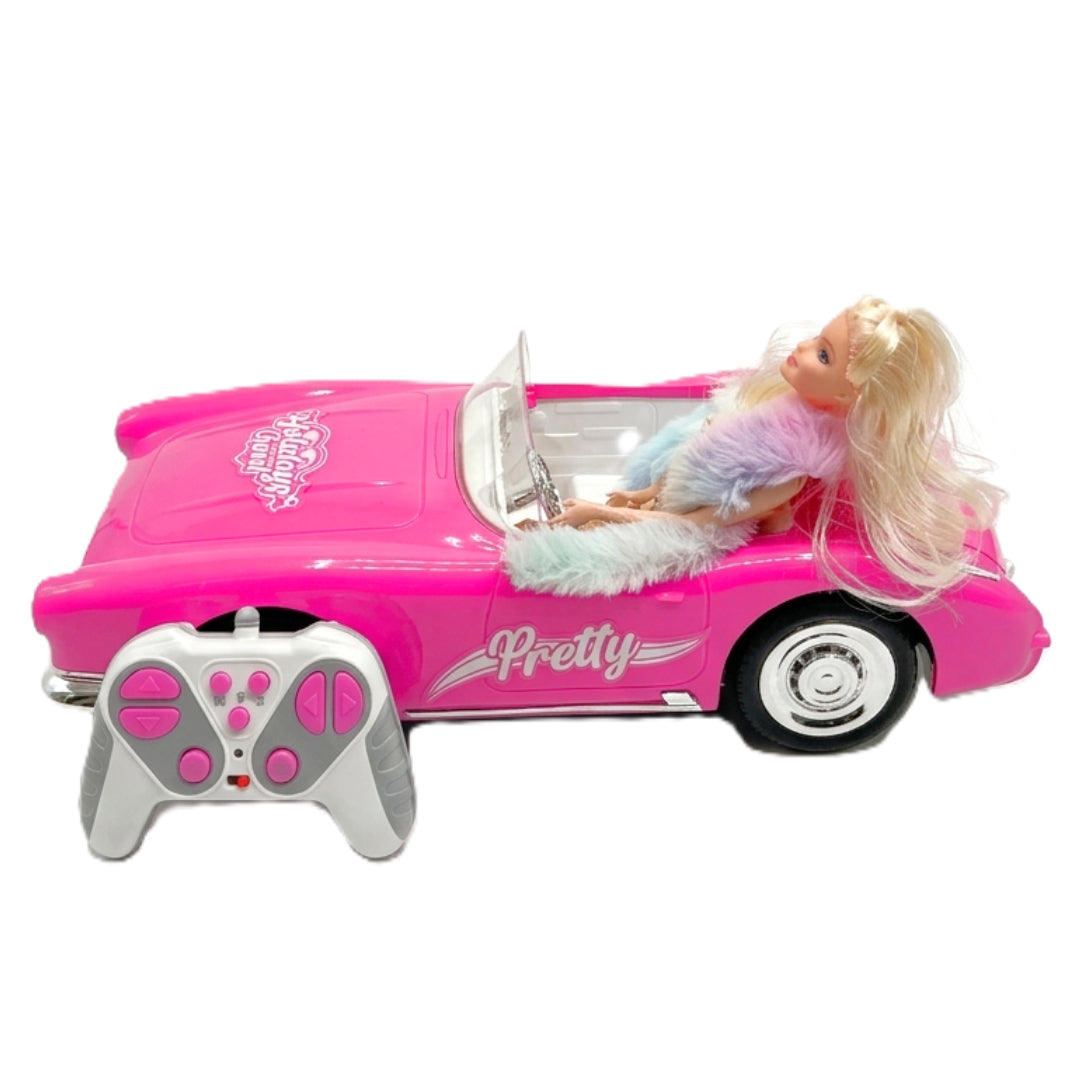 Pink Retro RC Convertible Toy Car for Dolls – Deluxe Remote Control Classic Roadster with Opening Trunk & Realistic Lights – 1:12 Scale Fashion Doll Vehicle