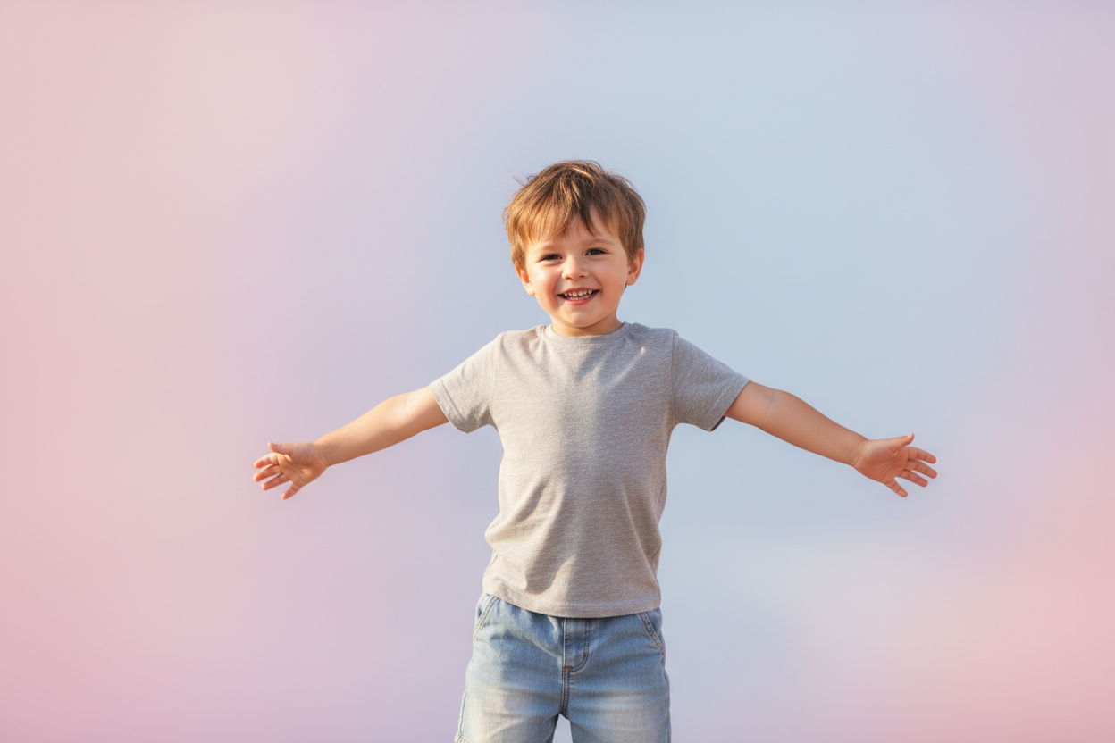 A boy ages 6 in pastel bg