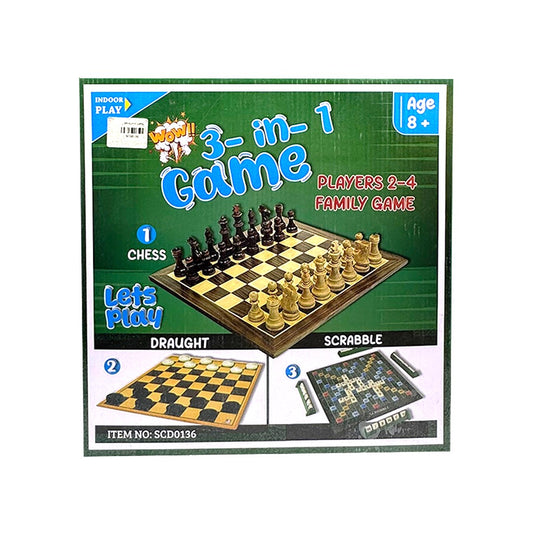 3-in-1 Classic Game Collection: Chess, Draughts (Checkers), and Scrabble Family Game Set