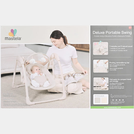 Mastela Deluxe Portable Baby Swing – Compact Folding Infant Rocker with 7 Melodies, 3 Nature Sounds, and Pivoting Toy Bar – Battery or USB Powered (Beige)