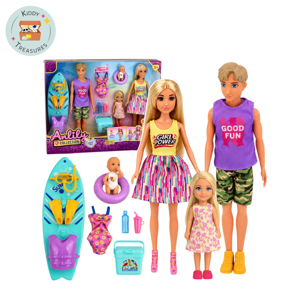Family Doll Collection Set with Surfboard & Accessories (Ages 3+)