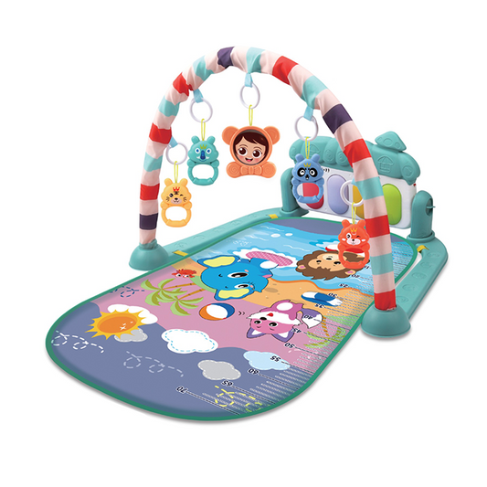 Baby Mat 5-in-1 Infant Activity Center with Colorful Arched Toy Bar, Growth Scale Play Mat, and 5 Hanging Rattles for Sensory Development (Teal)