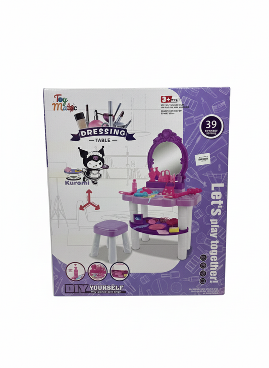 Toy Magic Kids Dressing Table Vanity Set with Mirror & Stool – 39-Piece Kuromi Inspired Pretend Play Makeup Desk for Toddlers & Children – DIY Assembly Toy for Girls Ages 3+