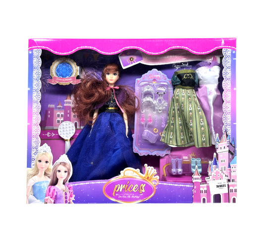 Princess Fashion Doll Gift Set with 3 Changeable Royal Outfits, Tiara Accessories, and Styling Brush - Fantasy Dress-Up Play Toy for Kids Ages 3+