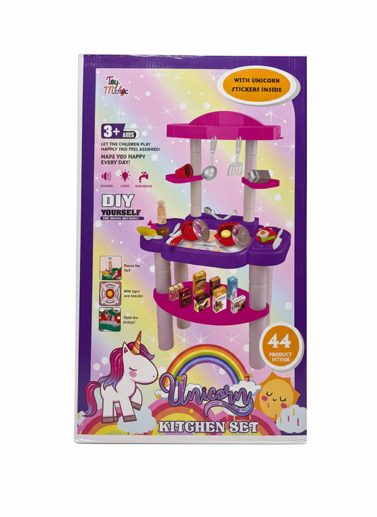 Toy Mate Unicorn Kitchen Play Set for Kids – 44 Piece DIY Pretend Play Chef Station with Lights and Sounds – Educational Kitchen Toy for Toddlers Ages 3+ – Includes Unicorn Stickers