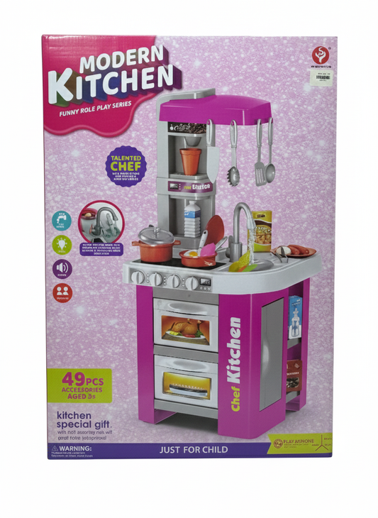 Modern Kitchen Playset for Kids – Interactive Toy Kitchen with Lights, Sounds, & Real Water Circulation Sink – 40+ Accessories – Pink & Purple