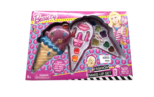 Ice Cream Cone Kids Makeup Set – 3-Tier Folding Beauty Kit for Girls with Glitter Eyeshadow, Lipstick & Applicators – Fun Pretend Play Cosmetic Set