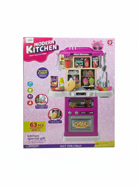 63-Piece Kids Modern Kitchen Playset with Realistic Sounds & Accessories – Purple/Pink Toy Chef Kitchen for Ages 3+