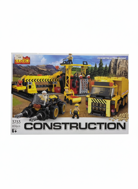 COGO Construction Base Building Set (3733) – 604 Piece Heavy Duty Mining & Excavation Toy Kit with Dump Truck, Drill Vehicle, and 4 Minifigures – For Kids Ages 6+