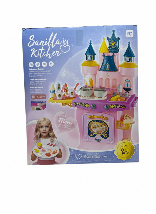 67-Piece Sanilla Kitchen Magic Castle Playset – Pink Royal Dream DIY Kitchen Toy with Realistic Cooking Accessories & Sounds