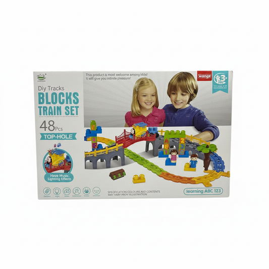 48-Piece DIY Building Block Train Track Set for Toddlers – Educational ABC & 123 Learning Toy with Music and Lights