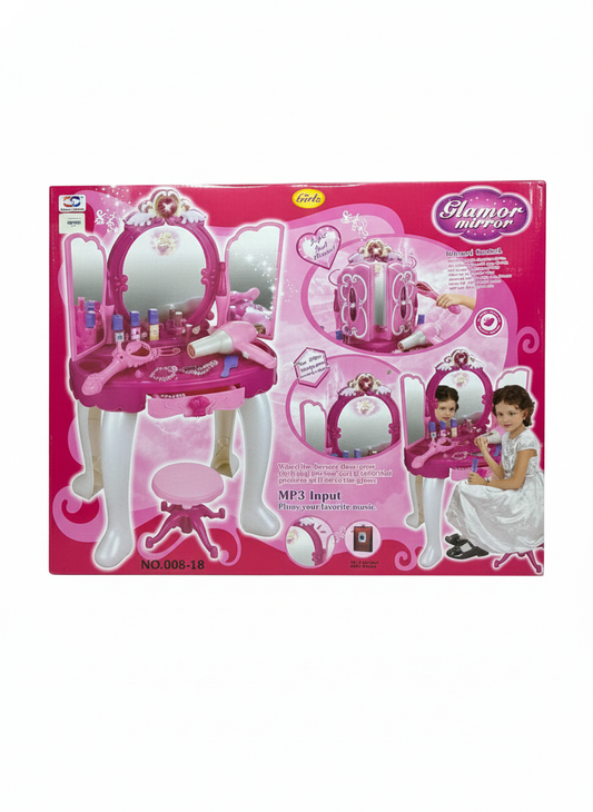 Kids’ Glamor Mirror Vanity Set – Pretend Play Beauty Salon with Stool, Toy Hair Dryer, & Accessories – Pink Toddler Makeup Dressing Table for Girls Ages 3+
