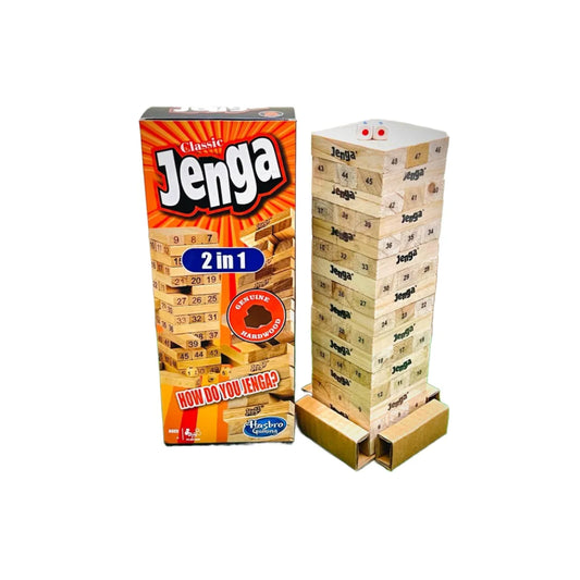 Classic Jenga 2 in 1 Stacking Blocks Game: Genuine Hardwood Tower with Pull, Stack & Crash Action – Fun Family Party Game for All Ages