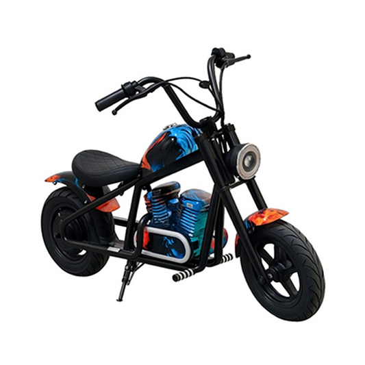 EV-18 Kids Electric Ride-On Motorcycle - Blue Flame Decal Mini Moto - Vintage Scrambler Style