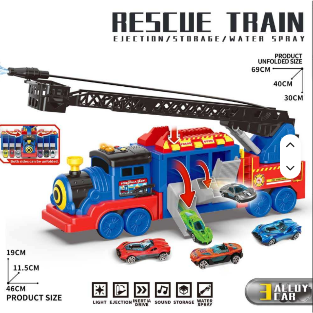 2-in-1 Rescue Train Transporter Truck Toy Set with 3 Alloy Cars - Fire Engine Launcher Track Playset with Light, Sound & Water Spray for Kids