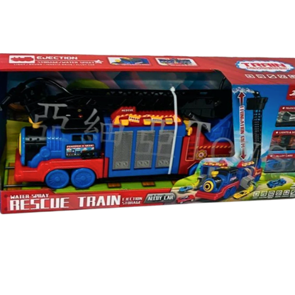 2-in-1 Water Spray Rescue Train Transporter Playset with Alloy Cars - Fire Engine Launcher Track Box Toy Set with Lights & Sound for Kids