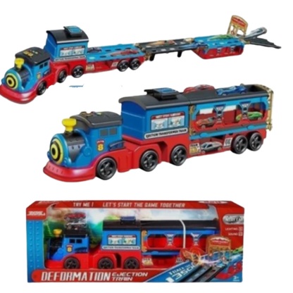 2-in-1 Water Spray Rescue Train Transporter Playset with Alloy Cars - Fire Engine Launcher Track Box Toy Set with Lights & Sound for Kids
