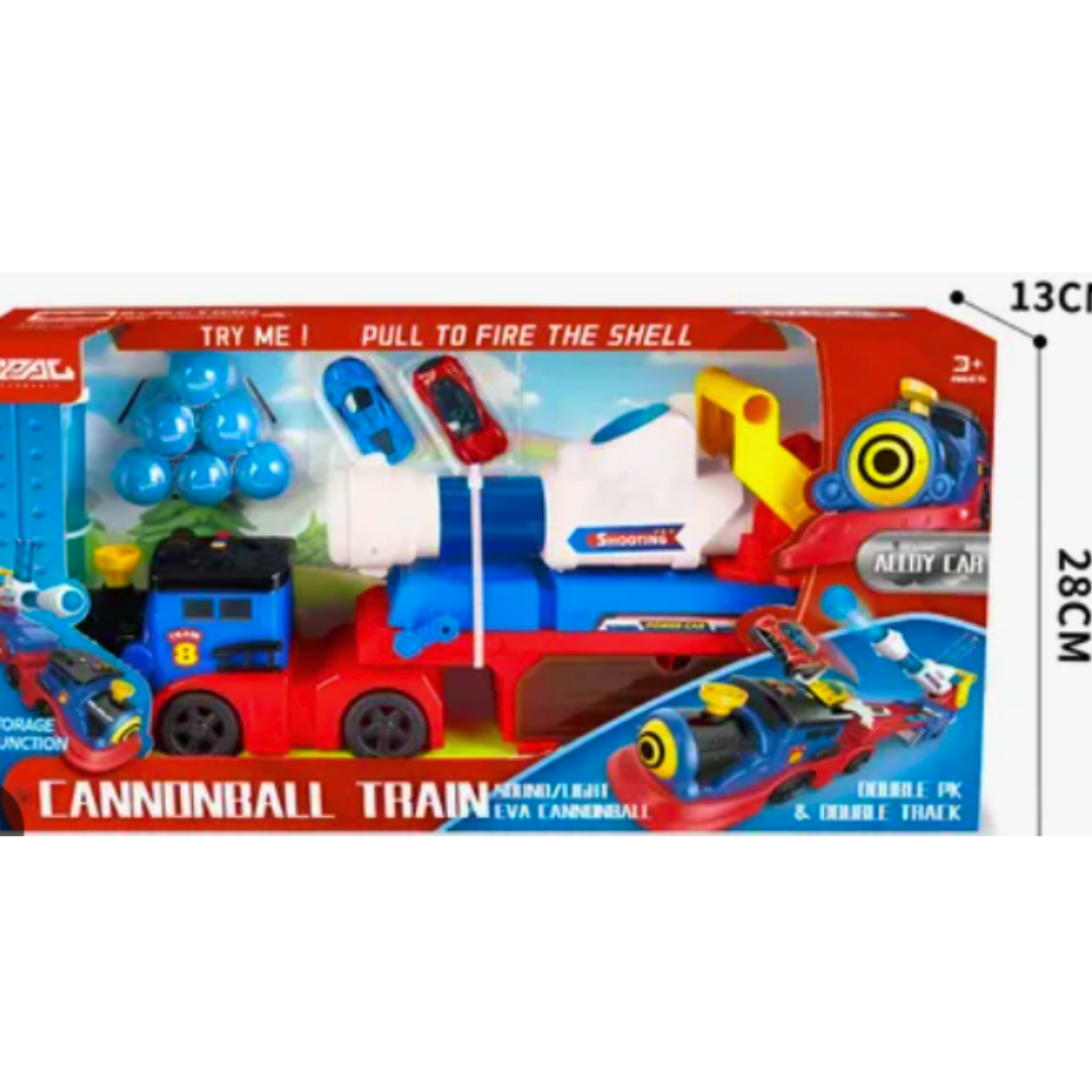 Cannonball Train Launcher Toy Set with Alloy Cars - 2-in-1 Battle Track & Safe Soft EVA Foam Blaster Shooting Train Playset with Light & Sound for Kids (Ages 3+)