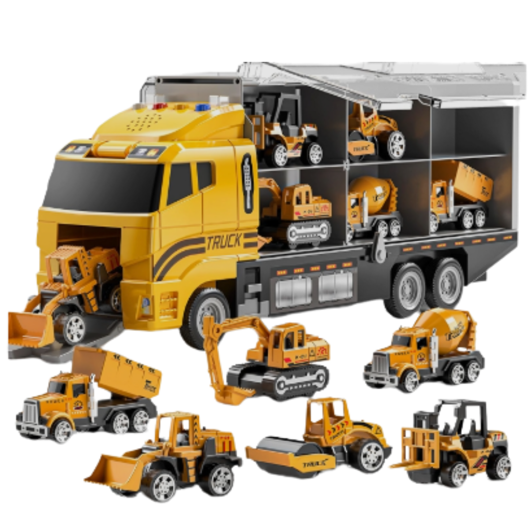 6-in-1 Mega Construction Transporter Truck Carrier Playset - Big Engineering Vehicle Toy with 6 Mini Die-Cast Construction Cars & Storage for Kids
