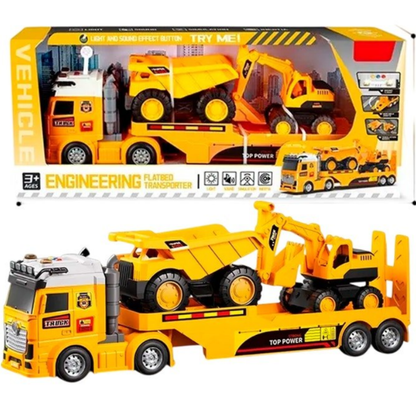 Engineering Flatbed Transporter Truck Toy Set - Big Trailer with Dumper Truck & Excavator Crane, Light, Sound & Inertia Drive for Kids (Ages 3+)