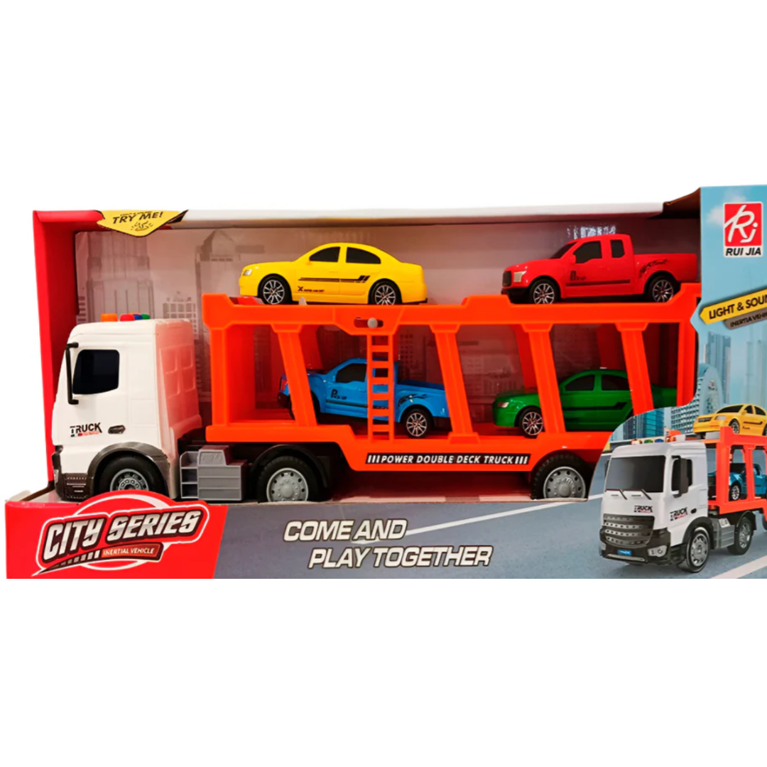 Rui Jia City Series Power Double Deck Truck Carrier - Large Transporter Trailer with 4 Mini Cars, Light, Sound & Inertia Drive for Kids