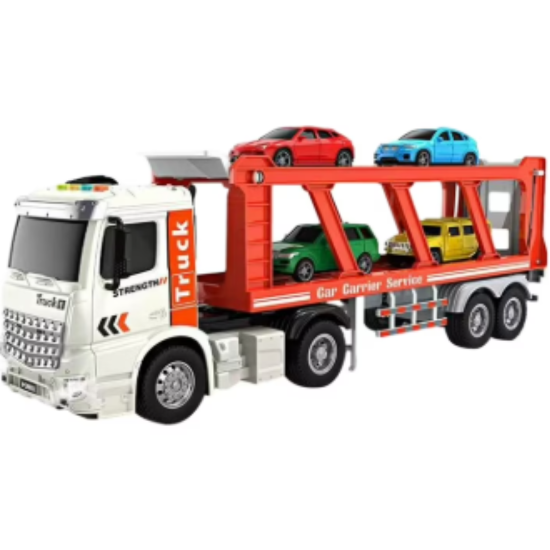 Rui Jia City Series Power Double Deck Truck Carrier - Large Transporter Trailer with 4 Mini Cars, Light, Sound & Inertia Drive for Kids