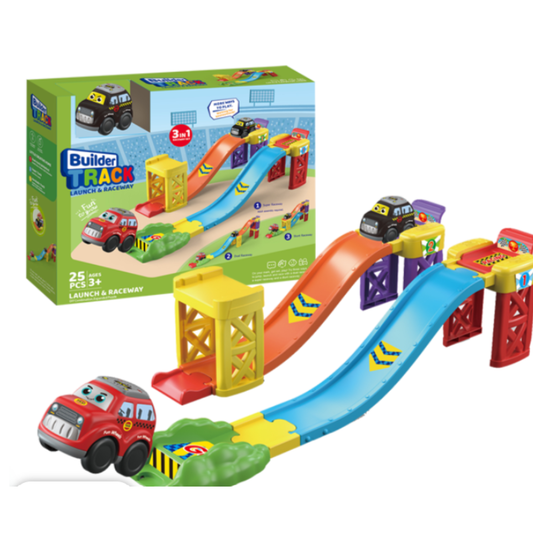 Builder Track 3-in-1 Launch & Raceway Playset - 25 PCS DIY Puzzle Car Racing Track Toy with 2 Cartoon Push Cars for Kids (Ages 3+)