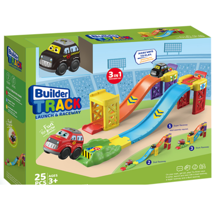 Builder Track 3-in-1 Launch & Raceway Playset - 25 PCS DIY Puzzle Car Racing Track Toy with 2 Cartoon Push Cars for Kids (Ages 3+)