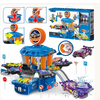 43 PCS DIY Car Wash Facility Track Playset with Color Changing Cars - Real Water Pump Engineering Police Station Garage Toy with Roller Brushes for Kids (Ages 3+)