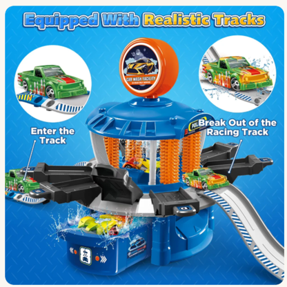 43 PCS DIY Car Wash Facility Track Playset with Color Changing Cars - Real Water Pump Engineering Police Station Garage Toy with Roller Brushes for Kids (Ages 3+)
