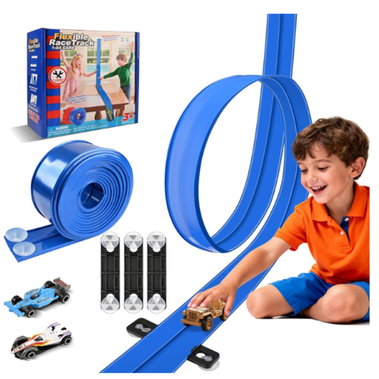 Flexible Race Track Roll Set for 1:64 Scale Cars - Rollable DIY Gravity Stunt Racing Track with Suction Cups & Cars for Kids (Ages 3+)