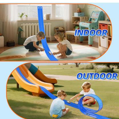 Flexible Race Track Roll Set for 1:64 Scale Cars - Rollable DIY Gravity Stunt Racing Track with Suction Cups & Cars for Kids (Ages 3+)