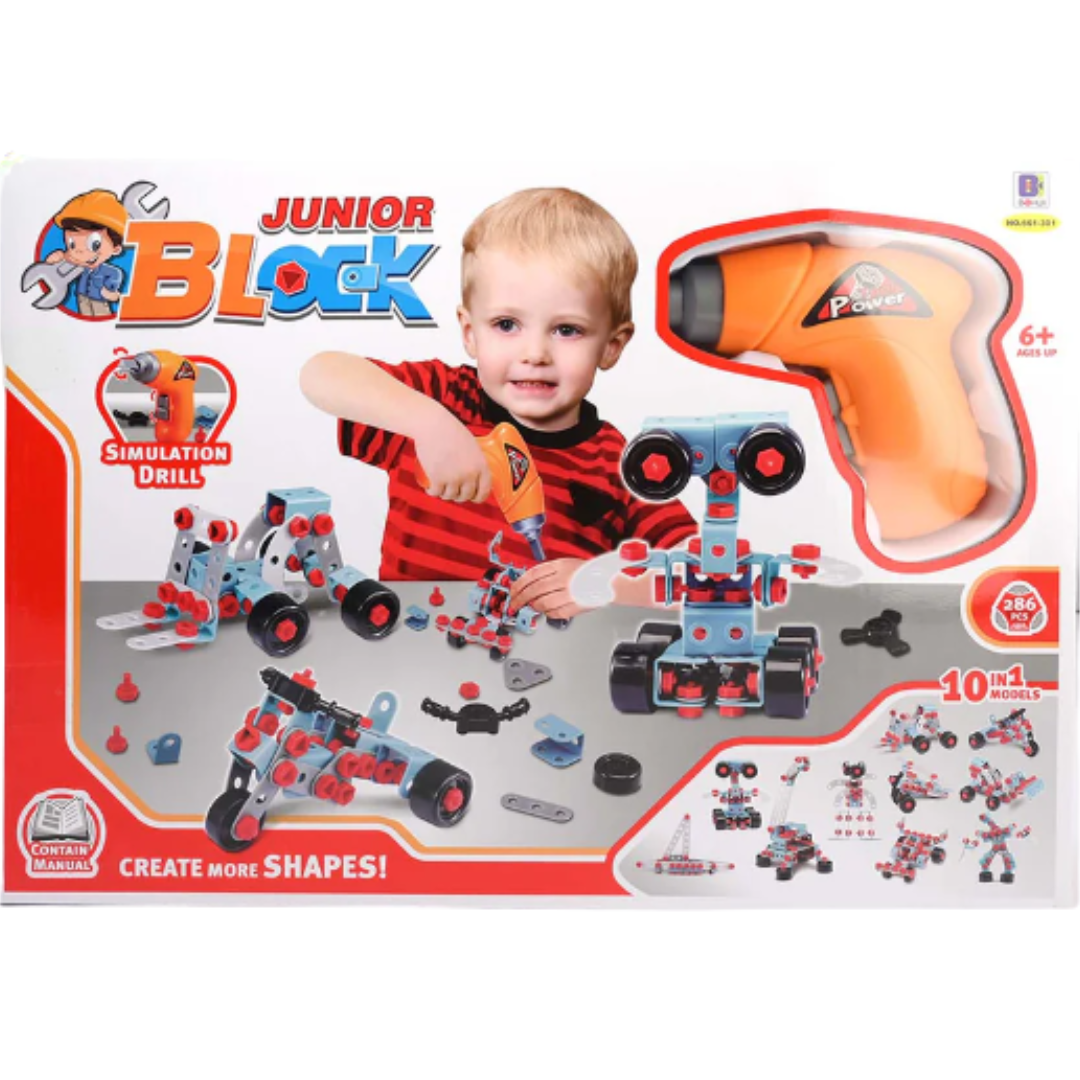 Junior Block 10-in-1 Engineering Building Blocks Set - 286 PCS DIY Construction Toy Kit with Electric Simulation Drill for Kids (Ages 6+)