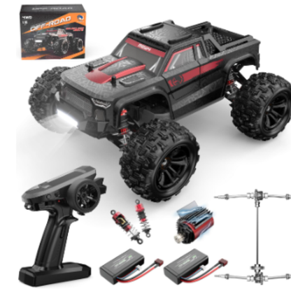 1:16 Scale 4WD Brushless RC Monster Truck - High-Speed Off-Road Remote Control Car with LED Light Bar & Dual Batteries Set