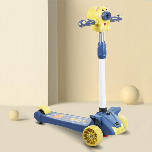 3-Wheel Kids Scooter with Cute Animal Head | Adjustable Handlebar & Stable Base | Blue and Yellow Toddler Ride-On
