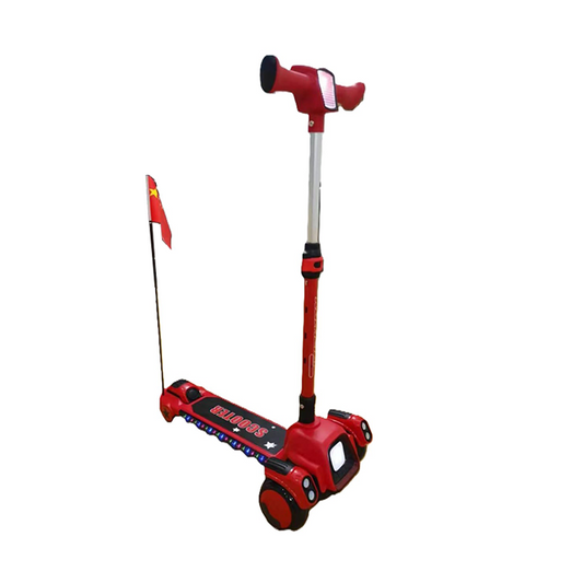 3-Wheel Kids Kick Scooter with LED Light-Up Wheels, Music, and Adjustable Height – Red Racing Edition with Safety Flag
