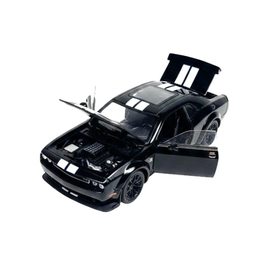 Dodge Challenger SRT Hellcat Widebody Die-Cast Model Car - 1:24 Scale, Black with White Racing Stripes, Opening Hood, Doors & Trunk