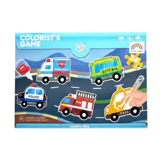 Little Angels 24-Piece Kids Vehicle Jigsaw Puzzle & Coloring Set – DIY Paintable 3D Wood/Craft Puzzle for Toddlers & Children – Includes Ambulance, Fire Truck, Police Car, City Bus, and Taxi
